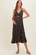 Black V Neck Twist Front Cut Out Side Ruffle Slit Maternity Midi Dress