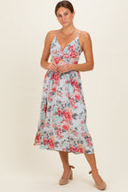 Blue Floral Twisted Front Cutout Maternity Midi Dress