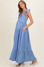 Blue Striped Flounce Neckline Button Down Maternity Maxi Dress