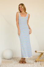 Blue Striped Ribbed Sleeveless Maternity Maxi Dress