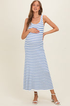 Blue Striped Ribbed Sleeveless Maternity Maxi Dress
