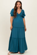 Teal V-Neck Smocked Tiered Maternity Maxi Dresses