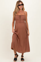 Brown Solid Smocked Maternity Maxi Dress