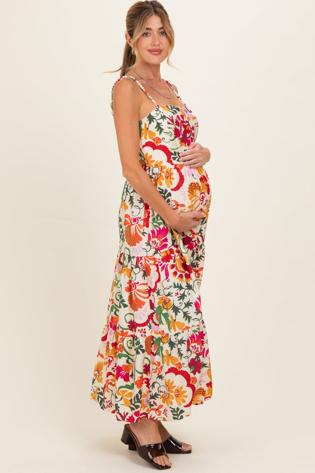 Cream Floral Tiered Maternity Midi Dress