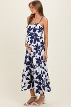 Navy Blue Floral Tiered Maternity Midi Dress