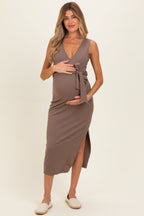 Mocha Sleeveless Wrap Maternity Midi Dress