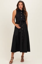 Black Button Up Sleeveless Maternity Midi Dress