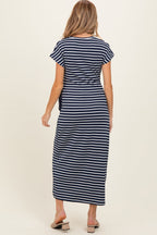 Navy Striped Side Tie Maternity Midi Dress