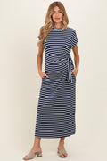 Navy Striped Side Tie Maternity Midi Dress