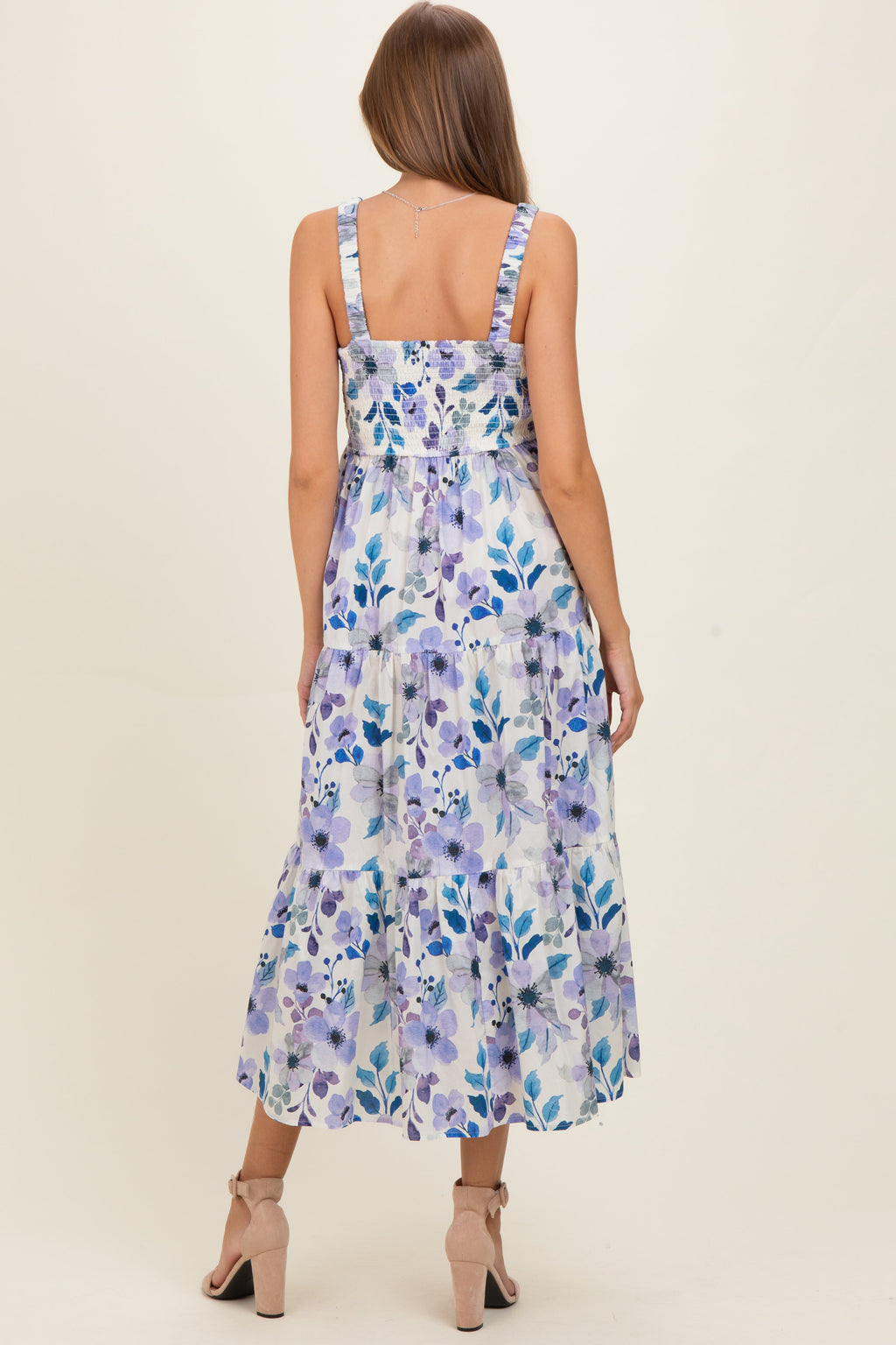 Lilac Blue Floral Pleated Bust Tiered Maternity Maxi Dress