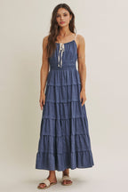 Denim Blue Smocked Waist Tiered Maternity Maxi Dress