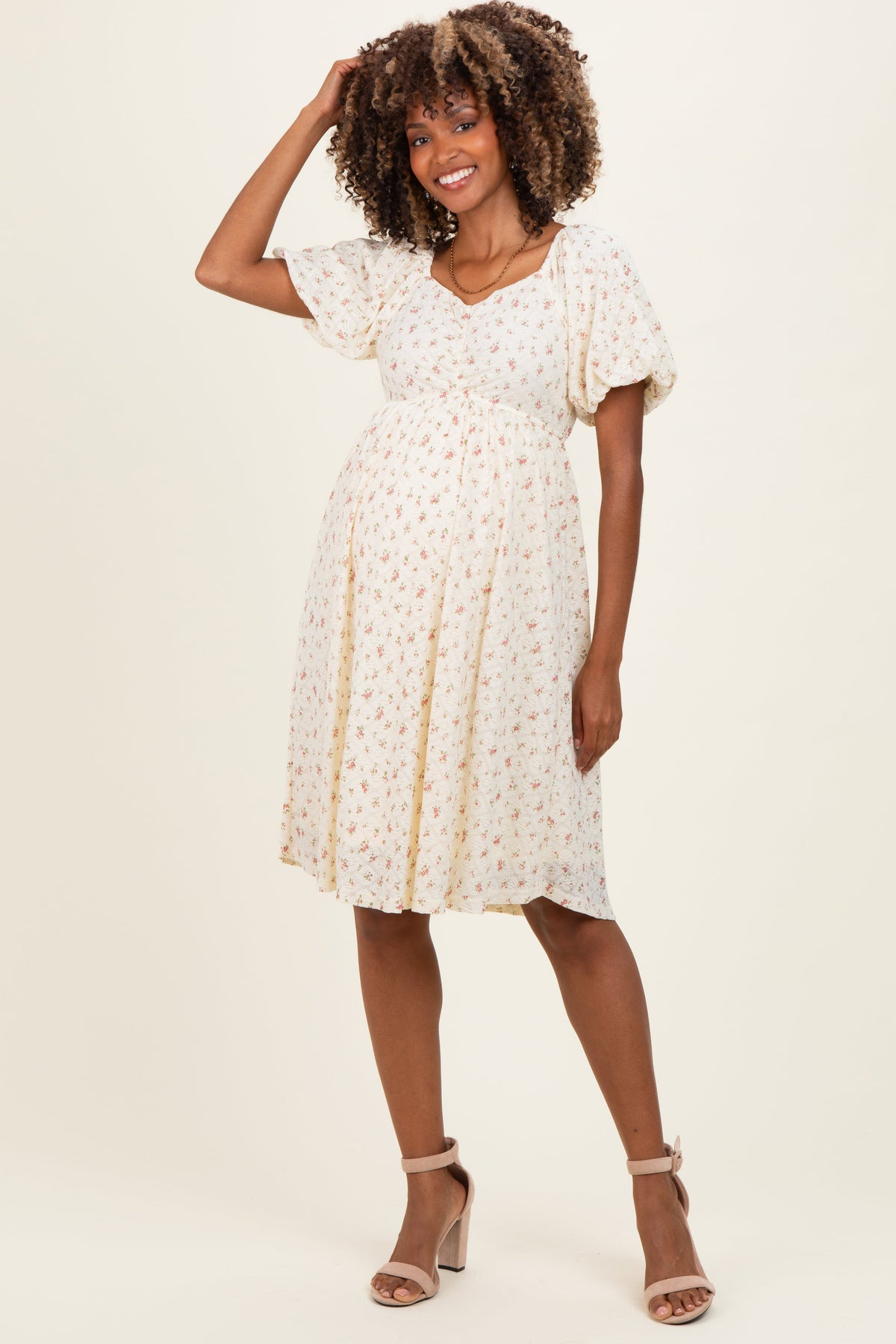 Ivory Floral Sweetheart Neckline Maternity Dress