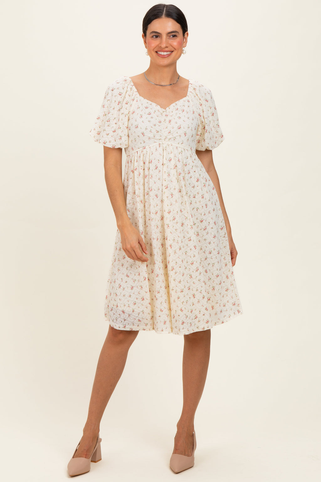 Ivory Floral Sweetheart Neckline Maternity Dress