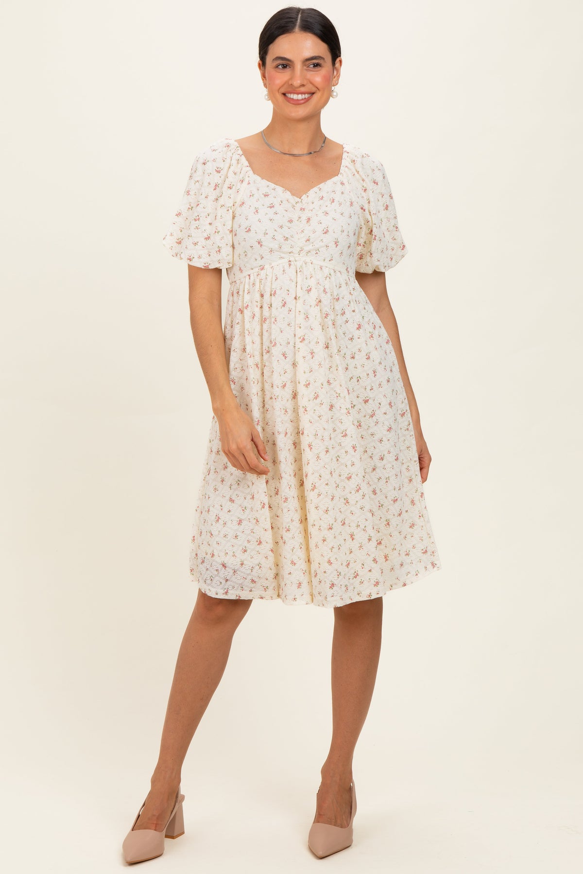 Ivory Floral Sweetheart Neckline Maternity Dress