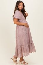 Mauve Printed Puff Sleeve Maternity Midi Dress