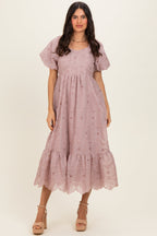 Mauve Printed Puff Sleeve Maternity Midi Dress
