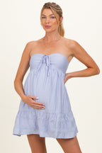 Light Blue Strapless Lace Accent Babydoll Maternity Mini Dress