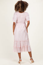 Pink Pleated Satin Smocked Maternity Midi Dress