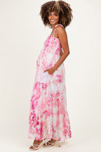 Pink Sleeveless Tiered Maternity Maxi Dress