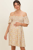 Yellow Multi Ditsy Floral Ruffle Bubble Sleeve Smocked Maternity Dress