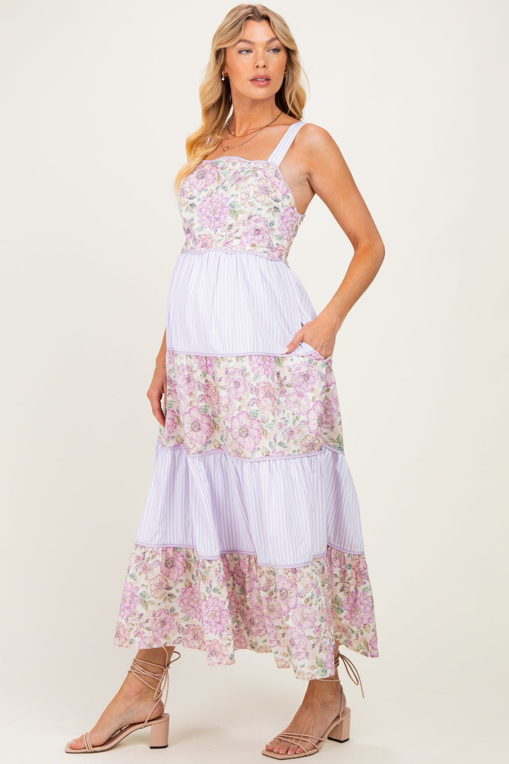 Lavender Multi Floral Tiered Sleeveless Maternity Midi Dress