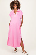 Pink Striped Collared Side Slit Maternity Midi Dress