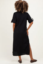 Black Side Slit Button Down Maternity Midi Dress