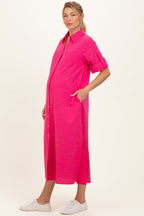 Fuchsia Side Slit Button Down Maternity Midi Dress