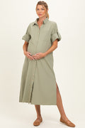 Sage Side Slit Button Down Maternity Midi Dress
