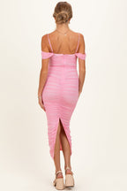 Baby Pink Ruched Mesh Off Shoulder Maternity Midi Dress