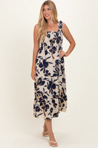 Navy Floral Smocked Tiered Maternity Midi Dress