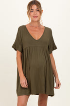 Olive V-Neck Basic Maternity Dress