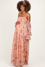 Peach Off Shoulder Long Sleeve Maternity Maxi Dress