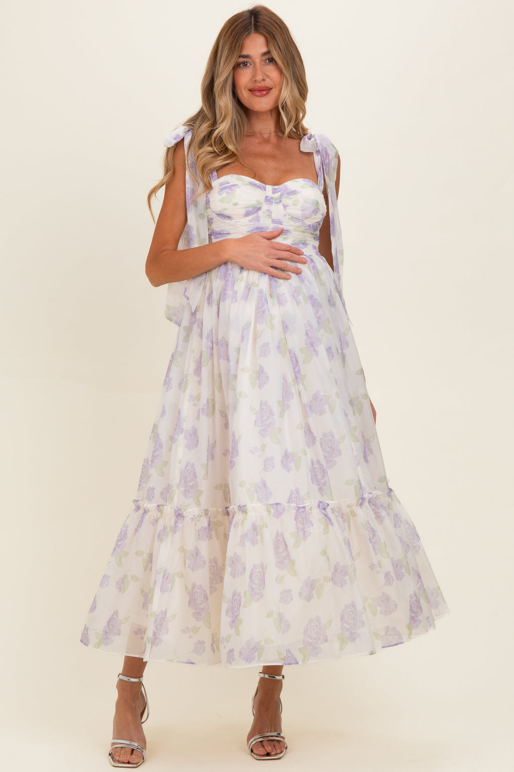 Lavender Floral Chiffon Shoulder Tie Maternity Midi Dress