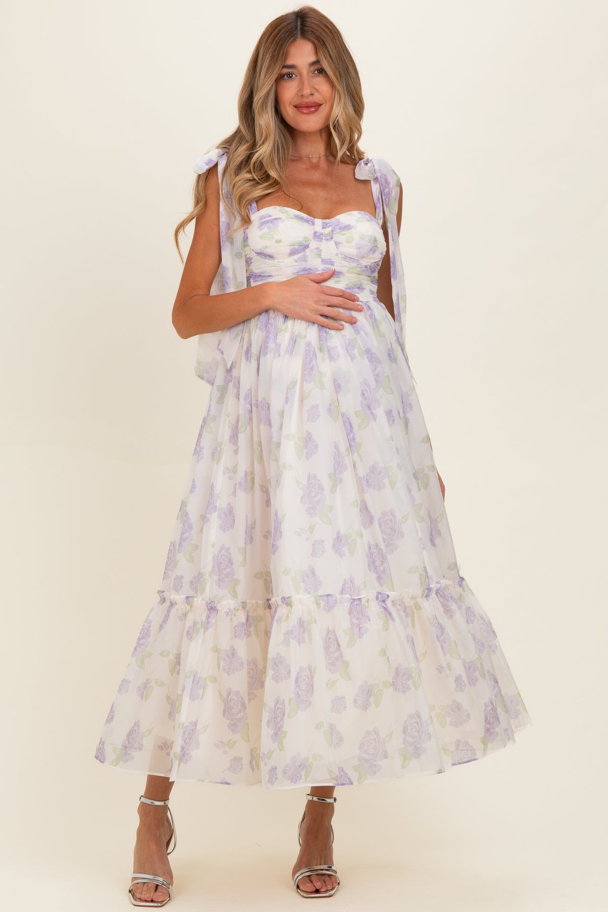 Lavender Floral Chiffon Shoulder Tie Maternity Midi Dress