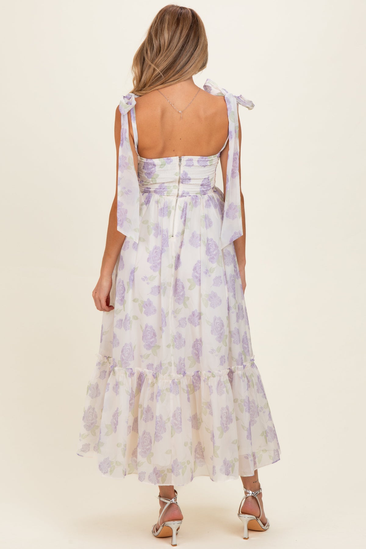 Lavender Floral Chiffon Shoulder Tie Maternity Midi Dress