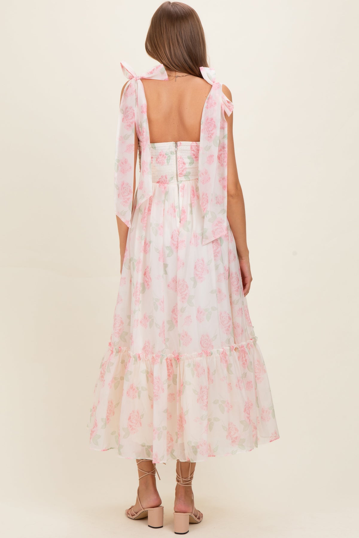 Pink Floral Chiffon Shoulder Tie Maternity Midi Dress