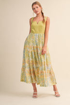 Lime Colorblock Floral Tiered Maternity Midi Dress