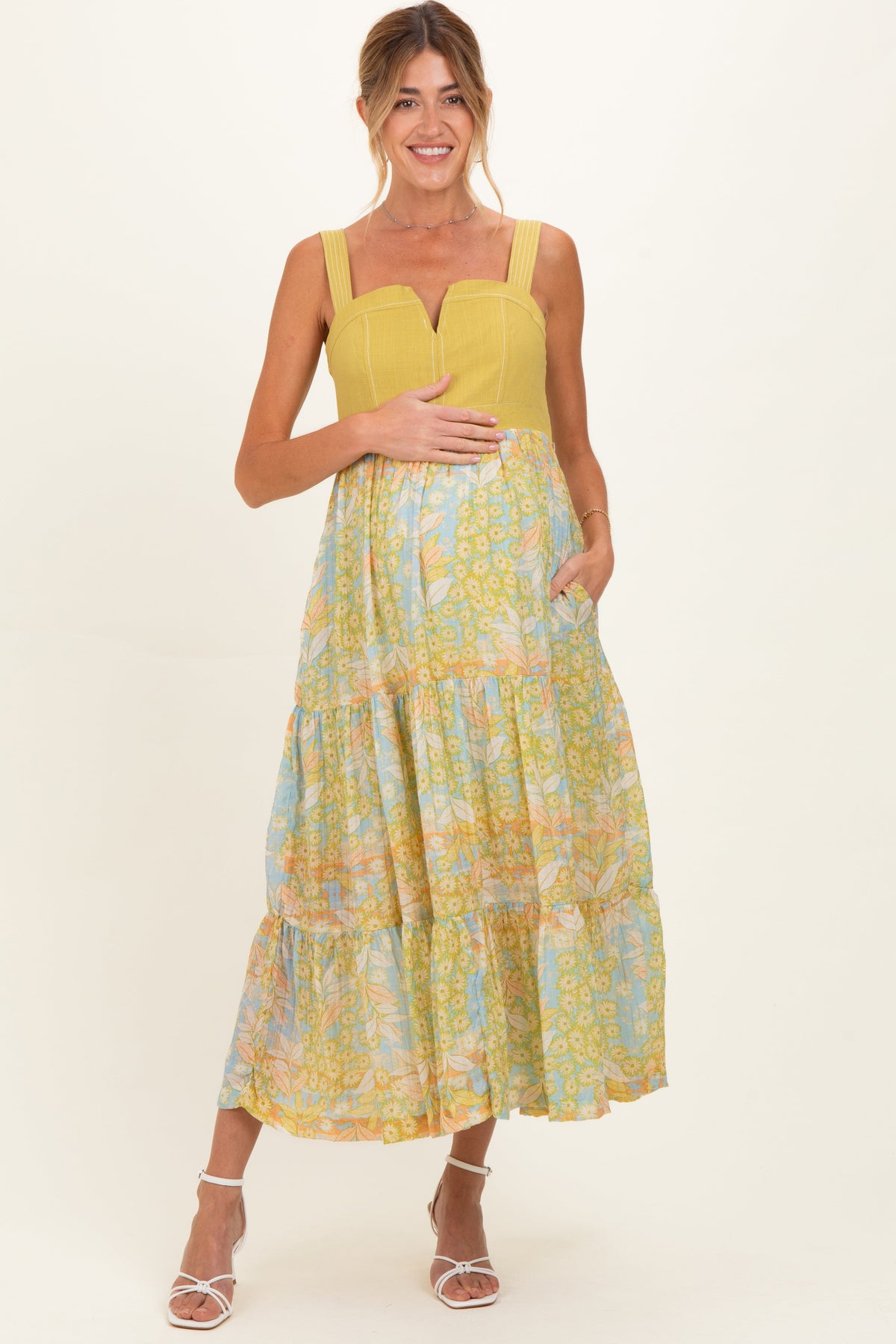 Lime Colorblock Floral Tiered Maternity Midi Dress