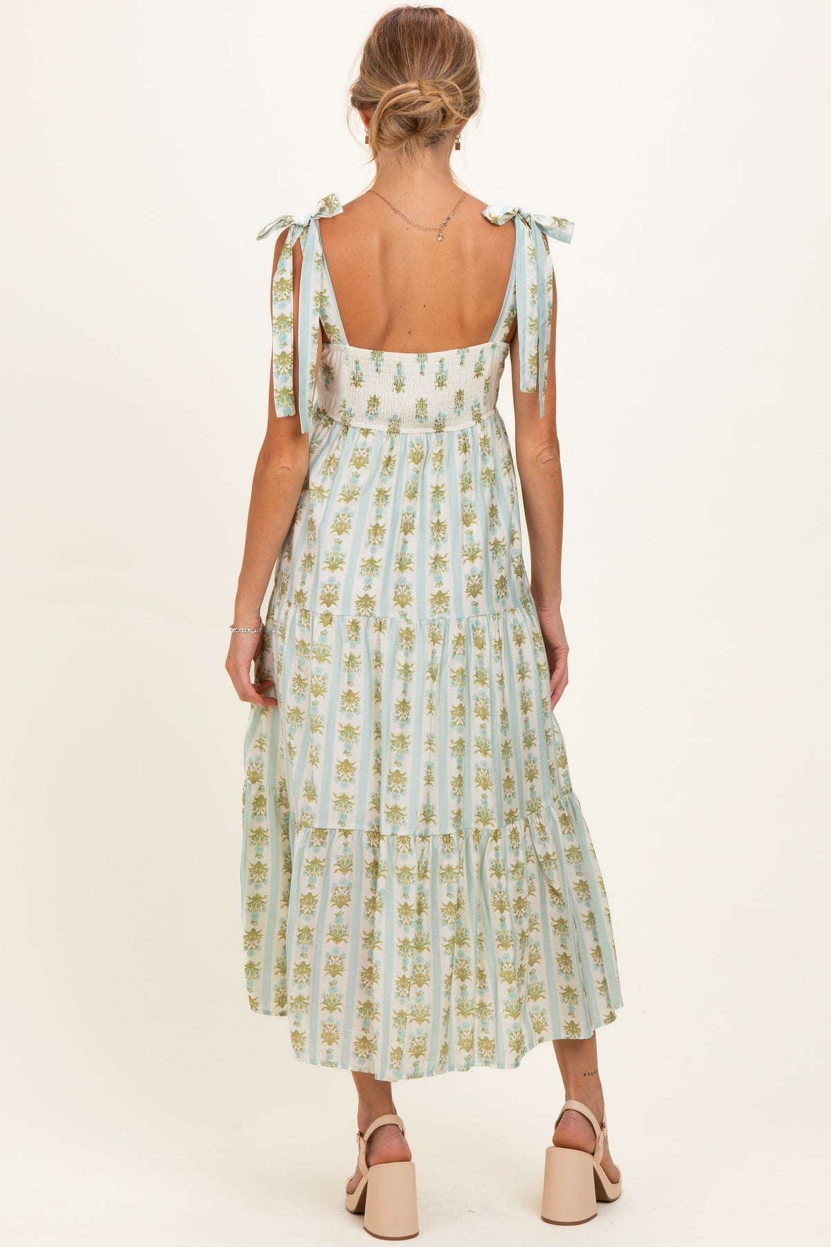 Sage Striped Floral Shoulder Tie Maternity Midi Dress