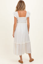 Natural Button Accent Smocked Ruffle Maternity Midi Dress
