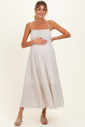 Mocha Striped Empire Waist Tiered Maternity Midi Dress