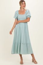 Sage Smocked Puff Sleeve Ruffle Trim Maternity Midi Dress