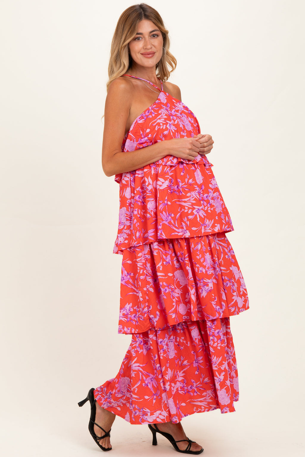 Red Floral Flowy Tiered Maternity Maxi Dress