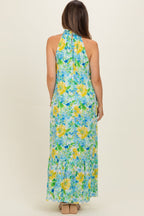 Blue Floral Halter Maternity Maxi Dress