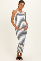 White Striped High Neck Ribbed Maternity Maxi Dress
