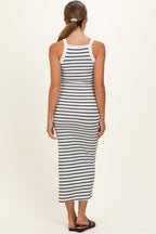 White Striped High Neck Ribbed Maternity Maxi Dress