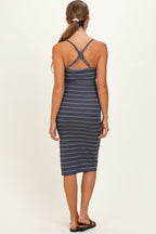 Heather Grey Navy Striped Crisscross Back Maternity Dress