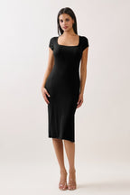 Black Square Neck Side Slit Maternity Midi Dress