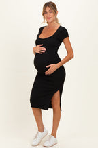 Black Square Neck Side Slit Maternity Midi Dress